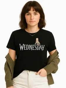 Black T-Shirt + Wednesday Hand Gesture Print + Casual Daily Wear; Summer, personalized short sleeve T-shirt, unisex, breathable, versatile, plus size, USA made Cotton Everyday