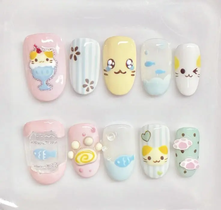Handmade Meowlicious Café Press On Nails, Kawaii Y2K 3D Cat Paw Jelly Dessert Fish Bowl Fake Nails, Reusable Custom Gel Nail Set with Free Adhesive Tabs Nail File Cuticle Stick