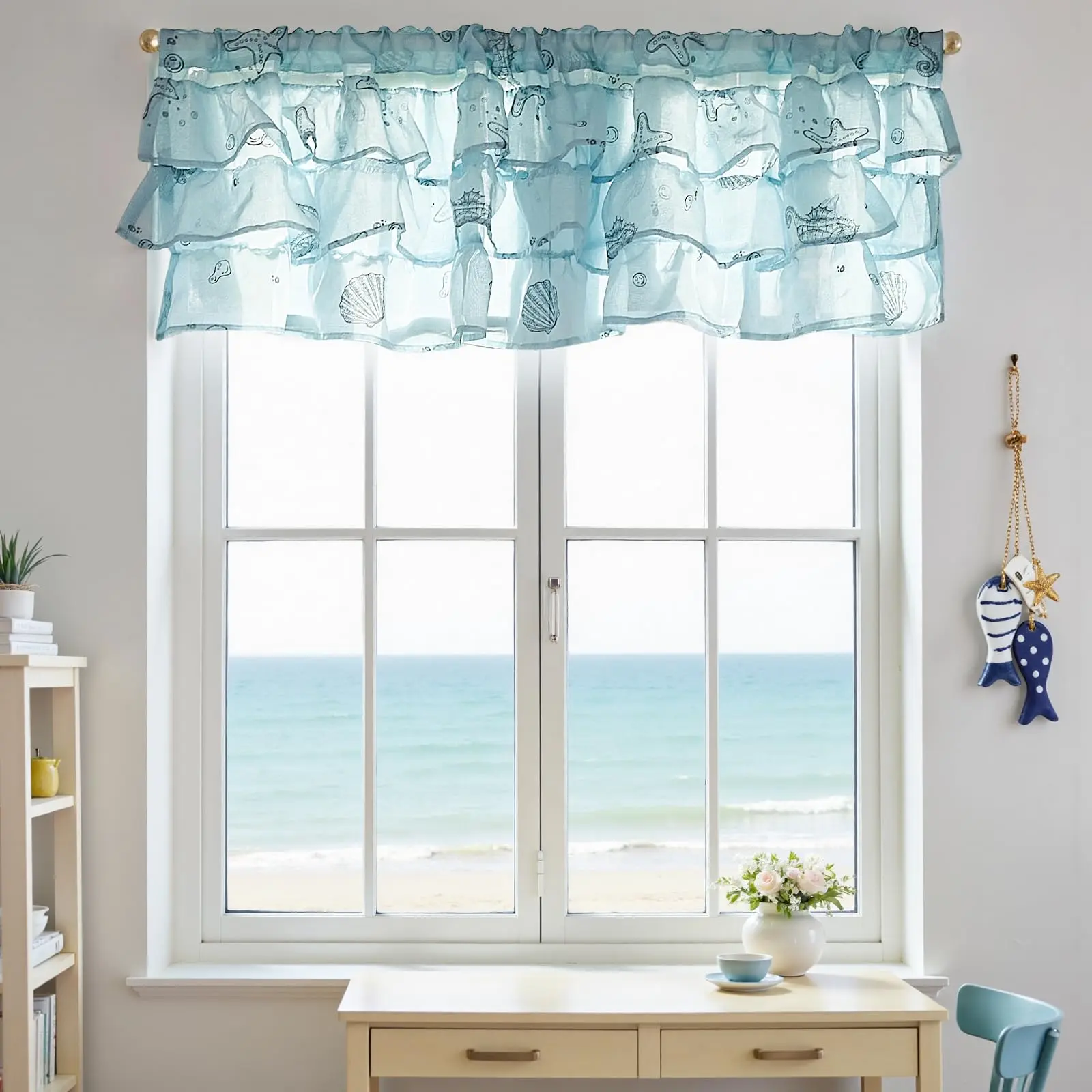 Blue Ruffled Sheer Valance Curtain Themed Kitchen For Cabinet Small Window Living Room Light Filtering Seashell Starfish Printed Farmhouse Half 18 Inch 1 Panel