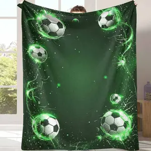 Soccer Sports Flannel Blanket， Glowing Neon Football Pattern， UltraSoft Lightweight Plush Fabric， Breathable Warmth for Bedroom Living Room Sofa Camping Travel Sports Games Gift