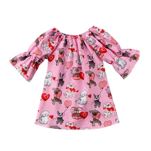 Canrulo Baby Girls Puff Three Quarter Sleeve Cartoon Print Dress Valentine's Day Toddler Girl Dress 6M-4T