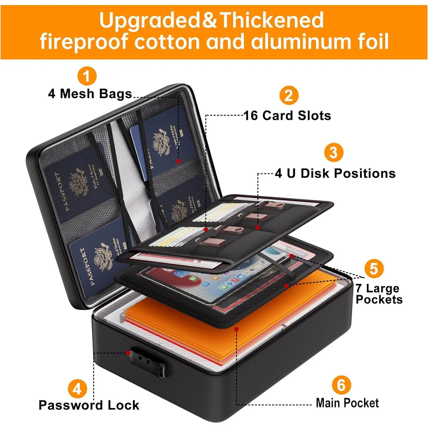 5200°F Document Organizer with Lock,Upgraded Heat Insulated Fireproof&Waterproof Box 8 Layers File Organizer,Portable Home Travel Safe Storage for Important Documents, Files and More U Disk Pockets Card Slots