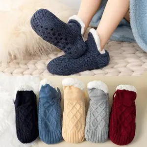 Trendy Thick Fleece Slipper Socks Unisex Adult Warm House Socks Non-Slip Indoor Floor Socks for Winter Lounge Daily Comfort in Navy Blue Beige Gray Red