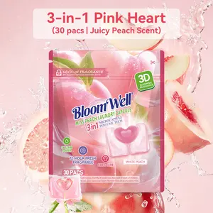BloomWell Miss Peach, 30 Pcs/Bag, 1 Bag/4 Bags 3-in-1 Laundry Pods, Long-Lasting Fragrance with Microcapsule Technology, Deep Cleaning, HE Compatible, Fresh Peach Scent Detergent Pods