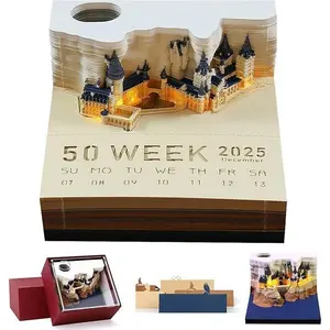 2025 Calendar - 3D Desk Calendar with Notepad, Magic Castle Memo Pad, Non-Stick Sticky Notes & Pen Holder - Weekly Planner for School, Office, Home