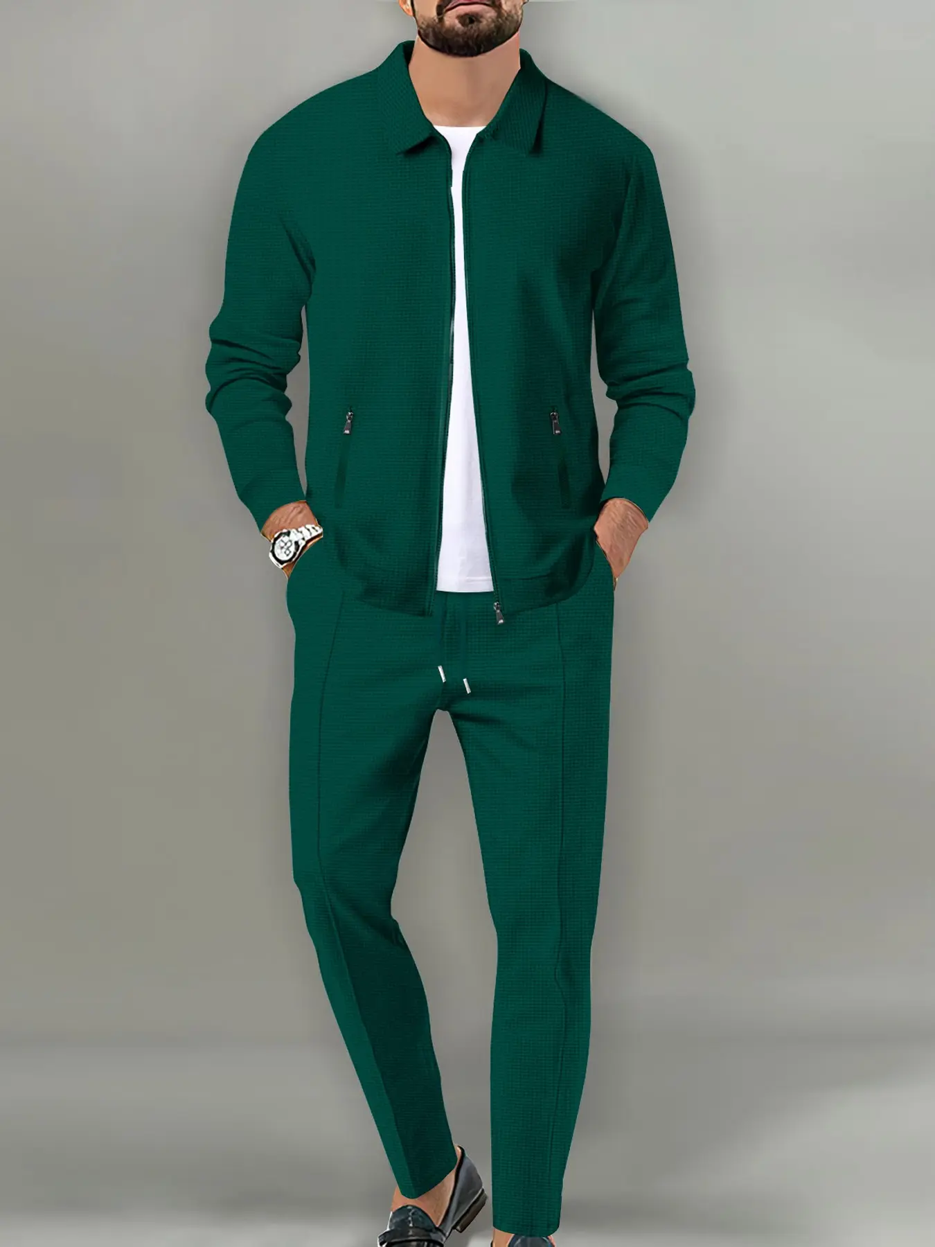 Men's Fashion Casual Waffle Texture Collared Jacket Top & Jogger Pants Set, Long Sleeve, Zipper Detail, Regular Fit, Fall Weekend Ideal Choice