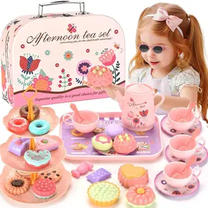 F-SRT17  Kids Plastic Tea Party Set for Toddlers & Girls Ages 3-8 – Princess Pretend Play Kitchen Toy with Carrying Case, Teapot, Cups, Saucers, Dessert Toys & Tray | Gift for Little Girls Birthday