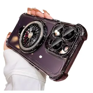 Electroplated Four-Corner Gyroscope Stand Case for Apple iPhone 17 Pro Max Shockproof TPU PC Fashion Airbag Cover with Decompression Gyro Bracket Shell