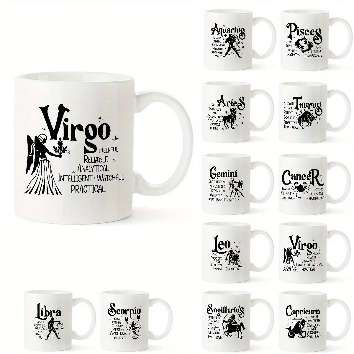 Ceramic Zodiac Sign Coffee Mug - Astro-Themed Constellation Art Drinkware, One Size Kitchenware, Birthday Gift Ideas for Girlfriend & Astrology Lovers (Virgo-Libra-Scorpio-Capricorn Designs)