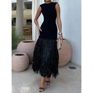 Round - neck sleepveless fringe-hem dress, 2024 fashionable long dress for party Formal Womenswear Anniversary Backless Black Chiffon