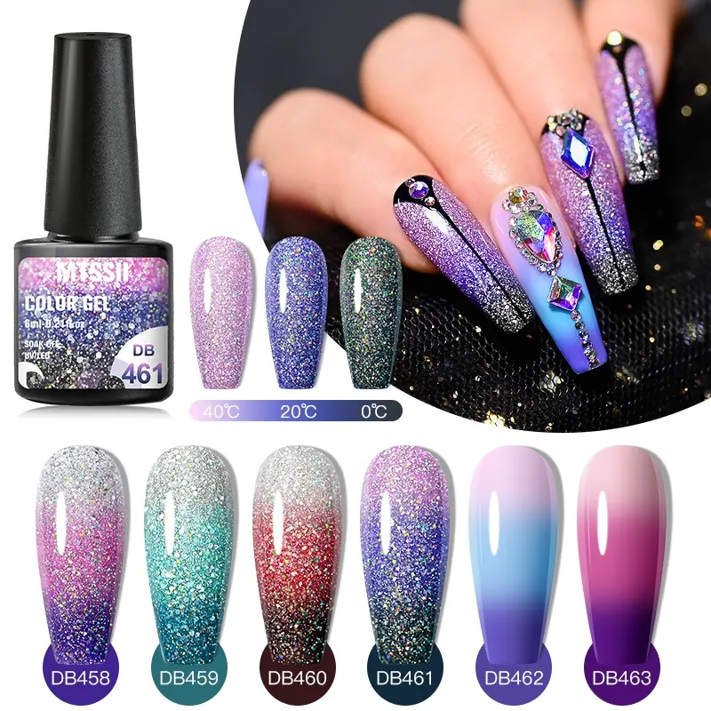 MTSSII 6pcs Glitter Thermal Gel Nail Polish Set, Brilliant Shine Polish 3 Layers Gradient Pink Glitter Temperature Color Changing Semi Permanent Liquid Polish Nail Art Varnish