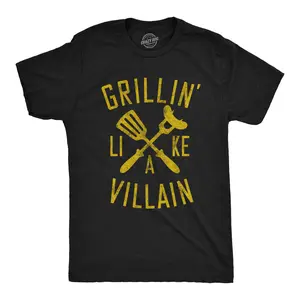 Mens Grillin Like A Villain T Shirt Funny Cookout BBQ Grill Tee Mens Funny T Shirts Cool Vintage Fashion T-Shirt Gift Classic Menswear Dad Joke Apparel for Men Funny Food Short Sleeve Novelty Tees for Guys Black
