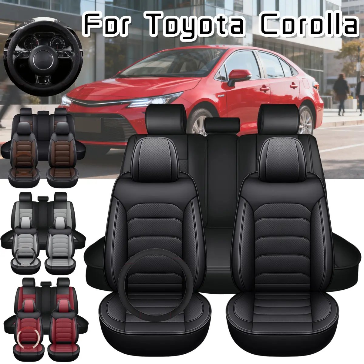 For Toyota Corolla S,SE,XSE 2014-2020 2023 4 Doors 2 Row Car 5 Seat Covers with Steering wheel Cover & Storage Pockets Bag, Waterproof PU Leather Front Rear Cushion Protector Mat Full Set Breathable, Vehicle Interior Decoration Accessories, Car-Compatible