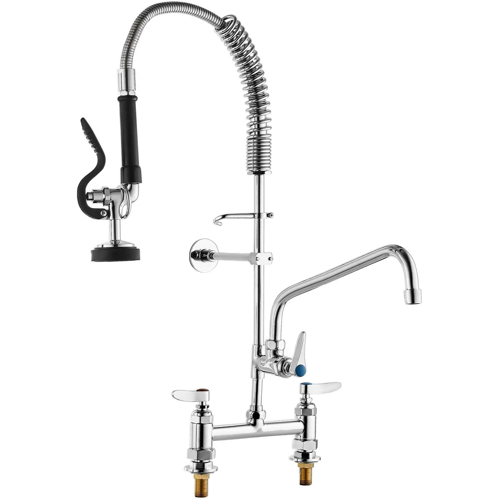 VEVOR Commercial Deck-Mount Brass Pre-Rinse Kitchen Sink Faucet, 26" Height, 8" Center, 12" Swing Spout, Pull-Down Sprayer with Lever, for Restaurant 1/2/3 Compartment Sinks