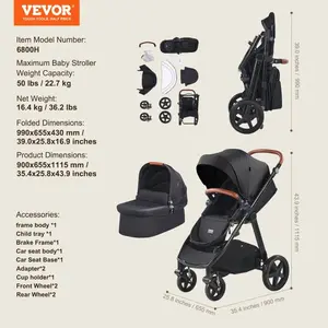 VEVOR Travel System Stroller with Infant Bassinet, 2-in-1 Baby Cradle Stroller Combo, Reversible Seat, Easy One-button Folding, EVA Tires with Brake Aluminum Stroller Carseat Combo Set (Black)