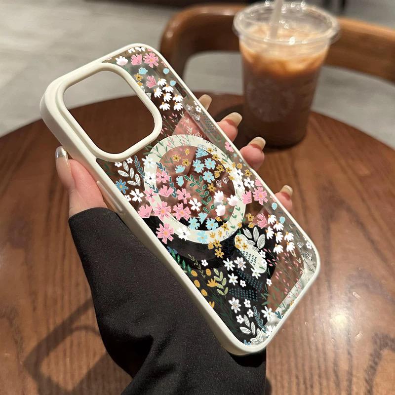 Chic Botanical Graphic Phone Case Hand-Drawn Style Pink, Blue & Yellow Wildflowers Paired With Lush Greenery Featuring Built-In Strong Magnet Ring Blending Smooth Macaron Texture With Secure Magsafe Compatibility For iPhone 17 16 15 14 13 12 11 X XS