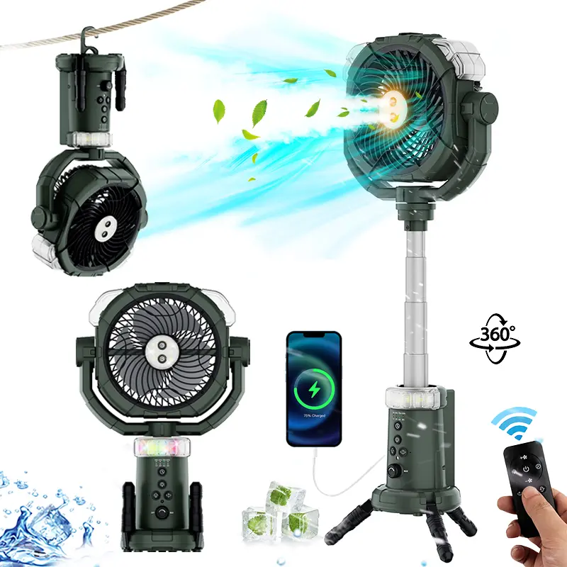 CoolHYFan Portable Personal Mist Fan - USB Rechargeable Multifunction Tent Ceiling Fan with 48-Hour Battery Life, Stepless Speed Control, 4-Hole Mist Spray, Timer Indicator, Night Light, Hanging Tripod - Cool Outdoor Stuff for Camping, Travel, Travel Fan