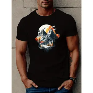 100% cotton Men's Casual Short Sleeve T-Shirt with Geometric Print - Breathable Polyester, Round Neck, Machine Washable - Perfect for All Seasons