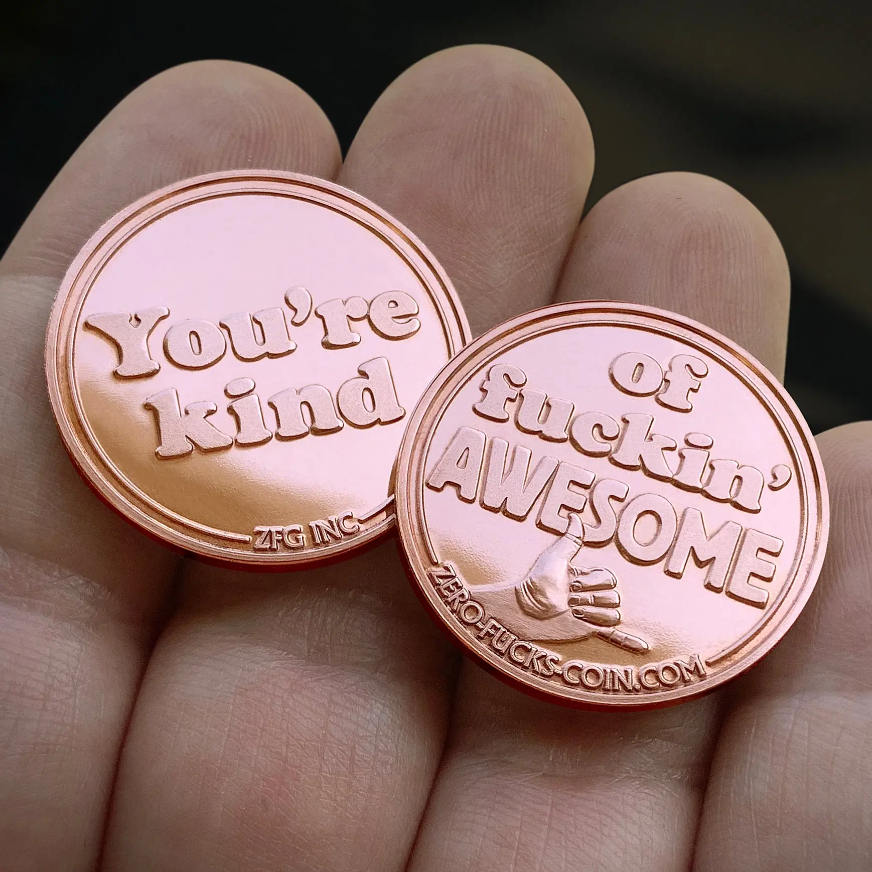 ZFG INC. You're Kind of AWESOME Coin 10-Pack - 10 Copper-Color Metal Tokens with Shaka Sign - 1.073 Inch Diameter - 14 Gauge Depth - 100% Made in America