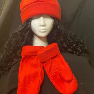 Red polar fleece winter hat with matching mittens