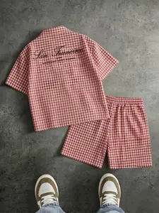Unisex Retro Plaid Letter Print Short Sleeve Blouse & Shorts Set, Casual Vacation Style, Loose Fit, Summer Fashion Two-Piece