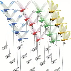 12 PCS Outdoor Fake Dragonfly Rod Clip, Garden Metal Dragonfly Clip. Natural Organic Concept, 3D Dragonfly Garden Decoration, Creative Home Accessories