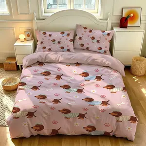 3-piece quilt cover set (1 quilt cover +2 pillowcases, no core) Cute dachshund Pearl milk tea flower print soft and comfortable bedding, suitable for all rooms