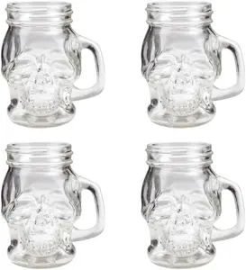 Set of 4 Skull Mason Jars with Handle – 4 oz Clear Glass