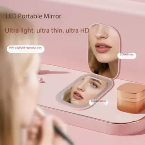 LED Makeup Mirror with Three Color Lights, Dual-Sided Foldable Travel Mini Mirror, 5x Magnification, Includes Data Line