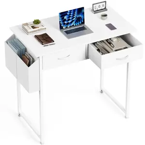 Small white desk with drawers — for bedroom; 32-inch home office computer desk with fabric storage drawer and bag; study writing table for small spaces, white