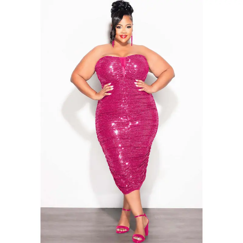 Final Sale Plus Size Confetti Dot Knit Sequin Strapless Dress in Fuchsia