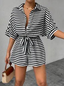 Women's Striped Romper, Short Sleeve Single Button Tie Waist, Casual Summer Jumpsuit, Comfortable and Stylish, Perfect for Daily Wear