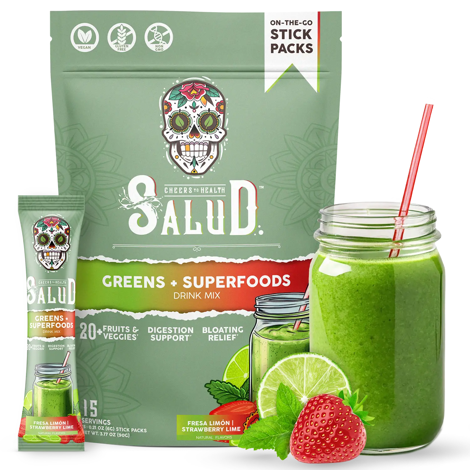 Salud 2-in-1 Greens Powder + Superfood Drink Mix Packets, 20+ Fruits and Veggies, Probiotics, Prebiotics, Supports Digestive Health, Bloating Relief,
