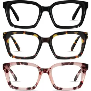 3 Pack Oversized Square Reading Glasses, Blue Light Blocking Readers with Spring Hinge, Lightweight Anti-Glare Computer Eyeglasses for Women & Men