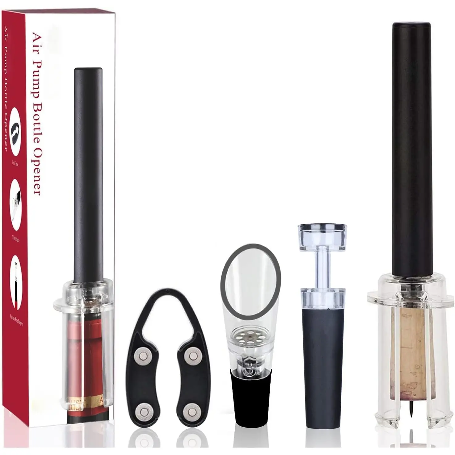 QUSEVOO Black 4-Set Durable ABS Lightweight Plastic Kitchen Utensils with Holes - Bottle Opener, Foil Cutter, Aerator Pourer, Vacuum Stopper, Cork Remover, Corkscrew, No Cork Damage, Compatible with All Wine Bottles, for Wine Lovers, Compatibility With Al