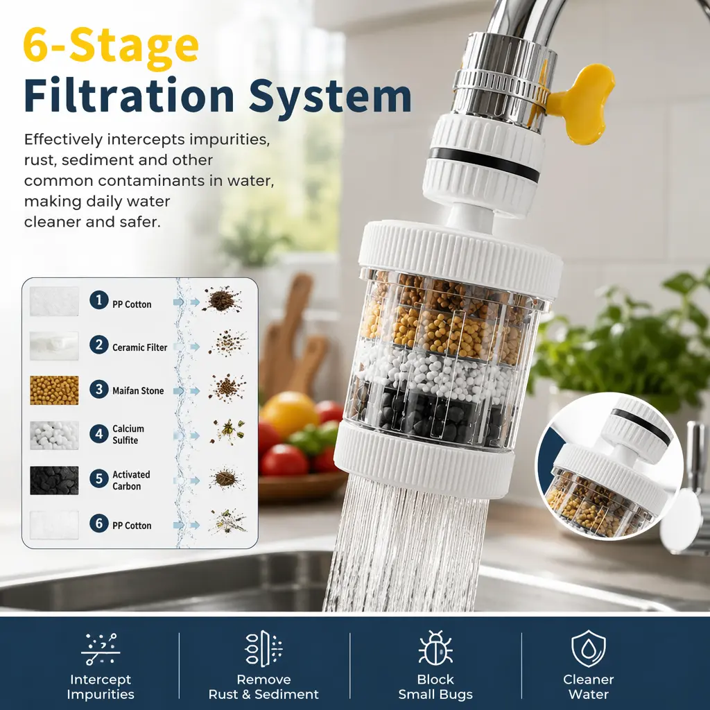 6 Stage Faucet Water Filter for Kitchen Sink Tap Water Filter with Multi Layer Filtration System Faucet Mount Water Purifier 360° Rotating Design Replaceable Filter Cartridge for Cleaner Drinking Cooking and Washing Water