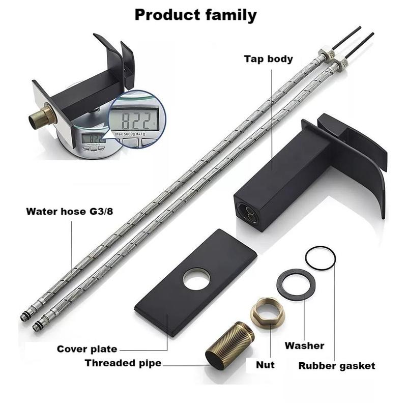 Bathroom Faucet Matte Black Modern Waterfall Bathroom Sink Faucet with Single Handle Suitable for 1 or 3 Holes,Supply Deck Plate and Hose