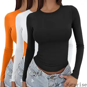 2026 New Women's 3-Piece Long Sleeve Crop Top Set, Basic Crew Neck Underscrubs, Soft Fabric Long Sleeve Tops Women, Casual Streetwear for Sports & Outdoor Activities,summervibes