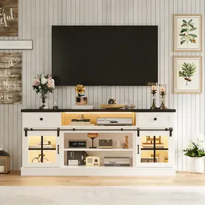 Garvee Farmhouse Media Console Table for 75 in Displays, Featuring 2 Drawers, Power Outlets, LED Lighting, Barn Doors, Adjustable Shelves, 66" Wide, White with Black Top, Ideal for Home and Office Entertainment
