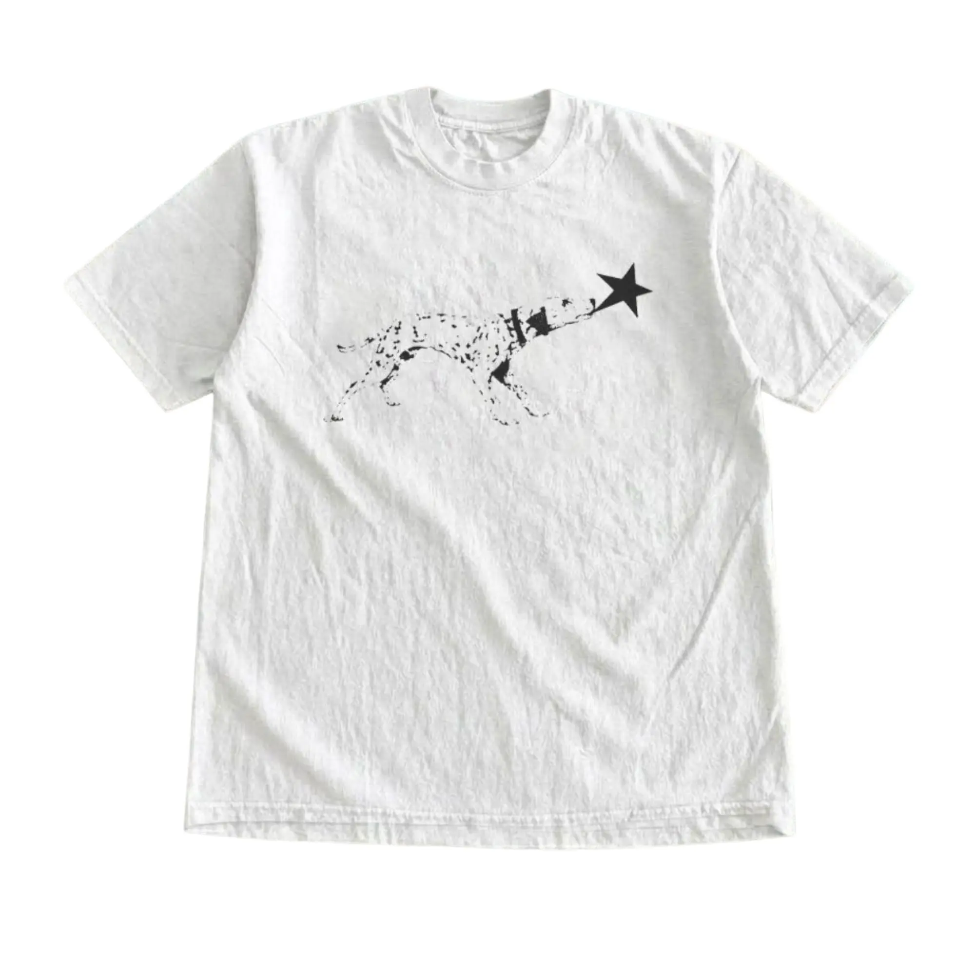 Vintage Distressed Dalmatian Dog Catching Star Graphic T-Shirt, Retro Spotted Pointer Silhouette Woodcut Stencil Art Print, Unisex White Heavyweight Streetwear Tee, Casual Alt Outfit