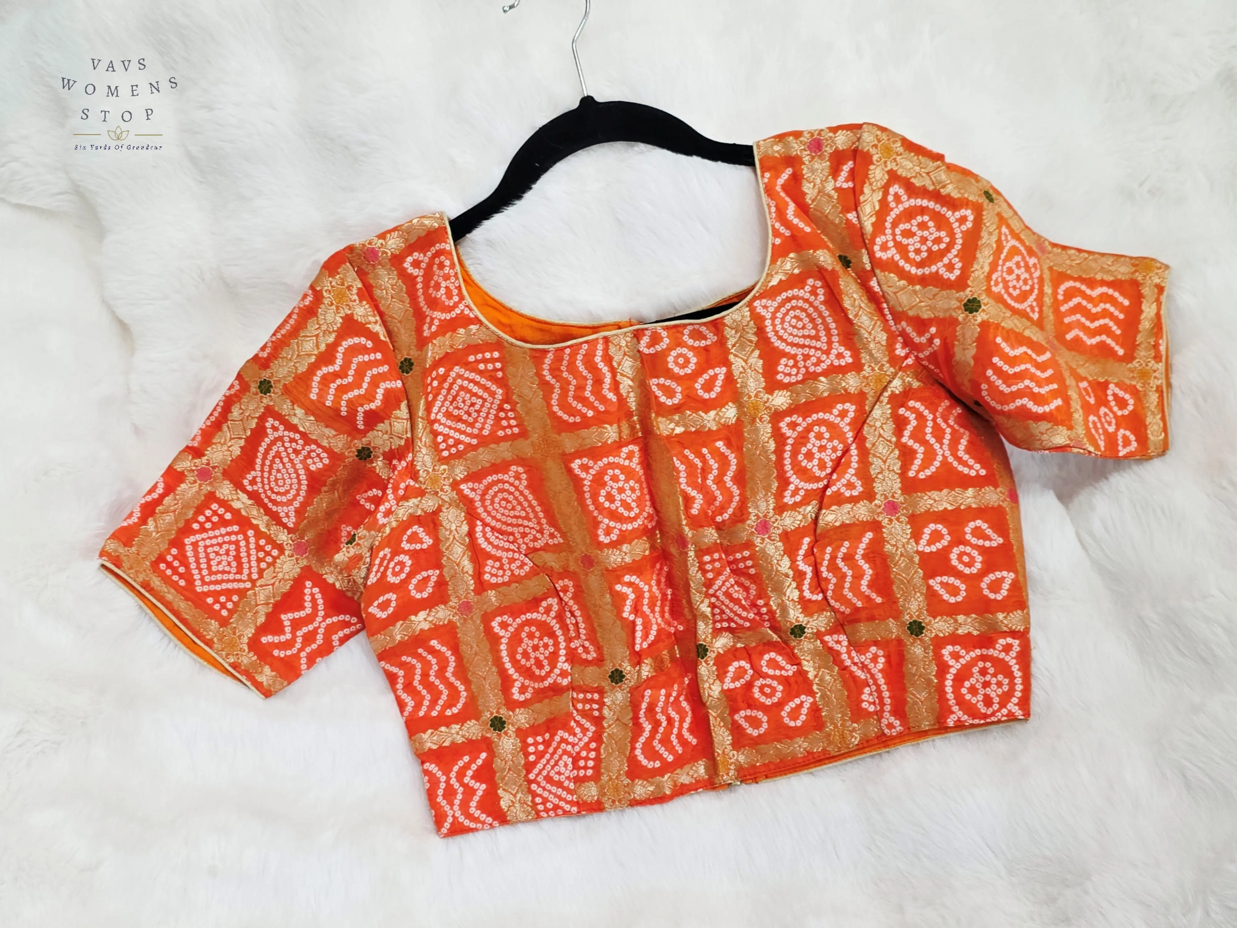 Sunset Tangerine Gharchola Checks Bandhani Munga Benarasi Silk Designer Blouse