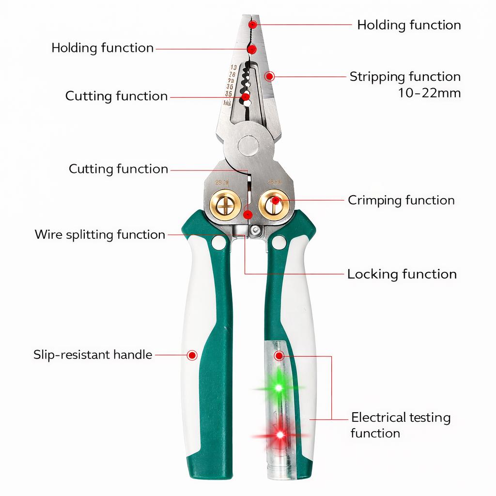 Stainless Steel 8-in-1 Wire Stripper Pliers with Voltage Test, Cable Cutting, Stripping, Crimping and Splitting Tool for Home, DIY and Electrical Work Stainless Steel 8-in-1 Wire Stripper Pliers with Voltage Test, Cable Cutting, Stripping, Crimping and Splitting Tool for Home, DIY and Electrical Work