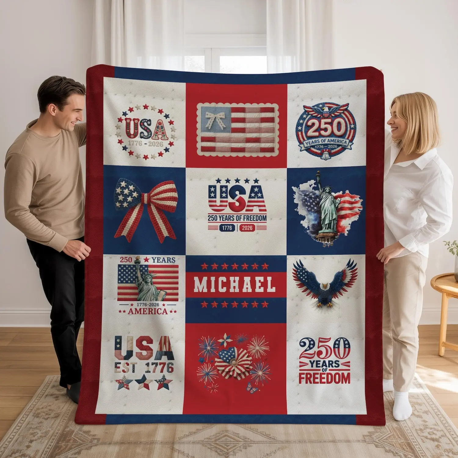 America250 Patriotic Throw Blanket - Classic Soft Touch Printed Fabric, American Flag & Eagle Print, Room Decor, Indoor Use, Machine Washable, Stylish USA 250th Anniversary Independence Day Gift