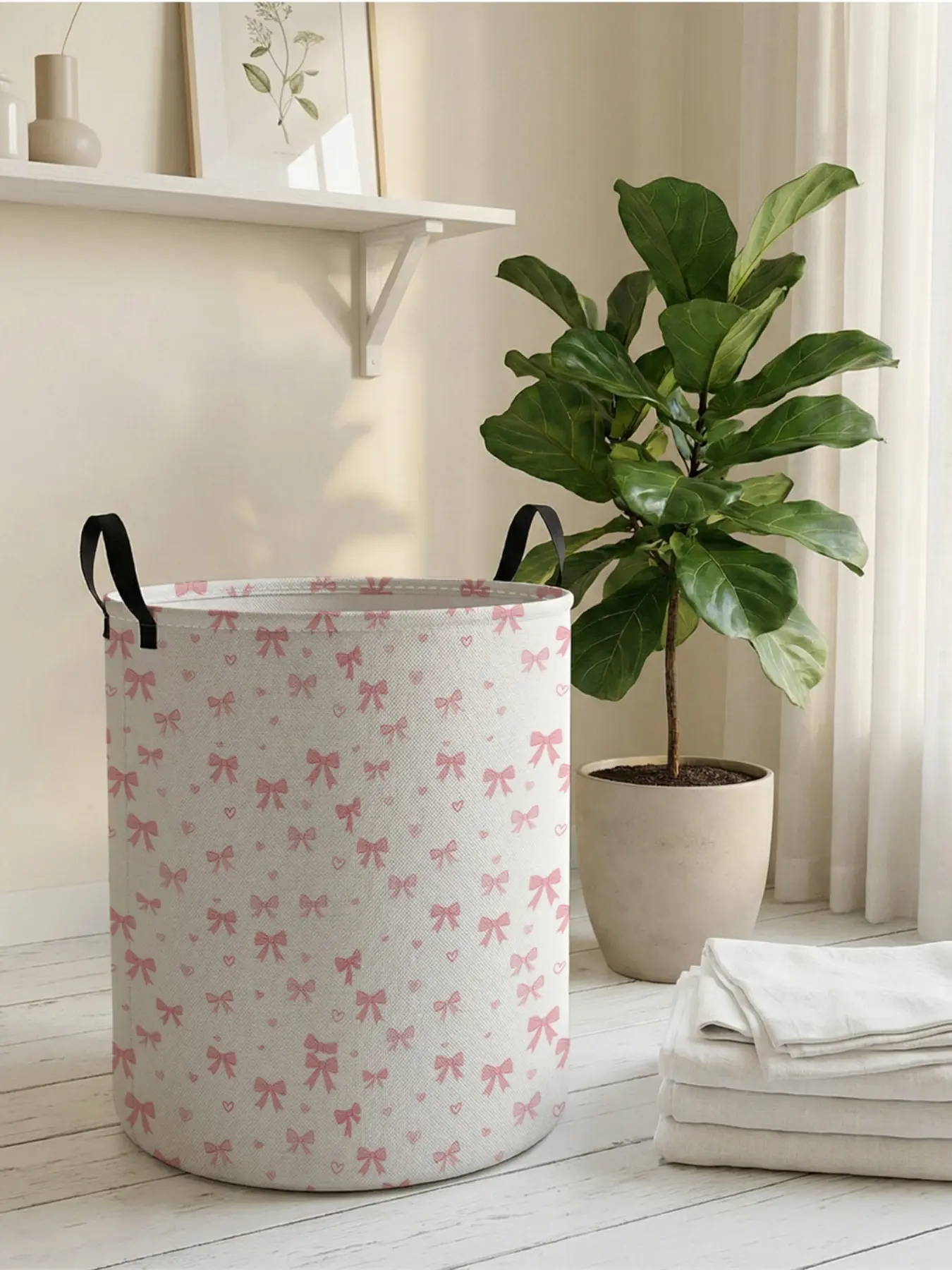 1 piece of pink bow pattern 2D printed open storage box, Laundry Basket Organizer, double handle reinforcement + foldable storage, Laundry Bin, Laundry Organizers And Storage | dirty laundry storage/toy organization/home decoration all-in-one