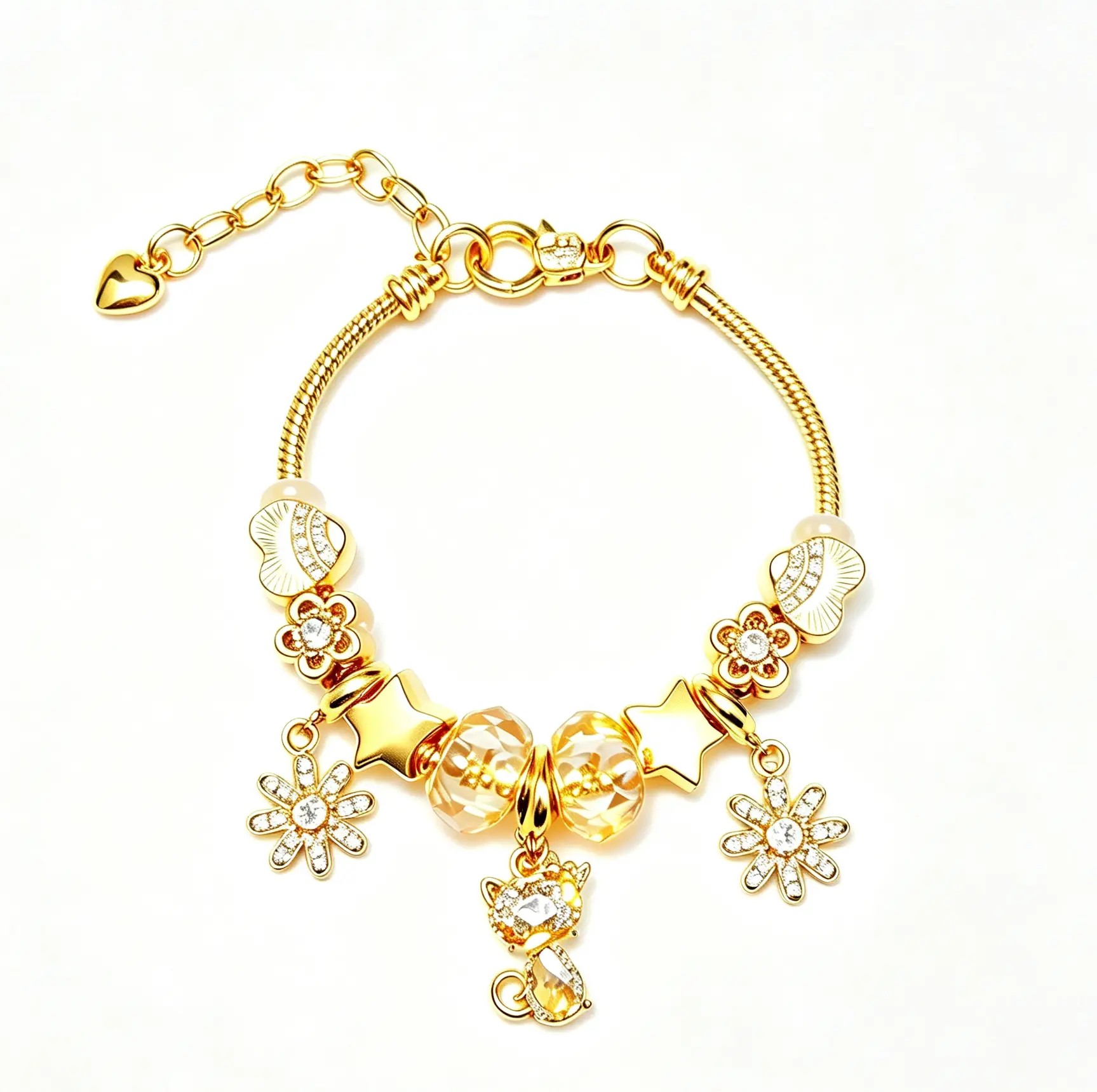 Golden Tone Cat Charm Bracelet, Adjustable Snake Chain Bracelet with Crystal Flower Star Beads, Fashion Jewelry Gift for Women Girls