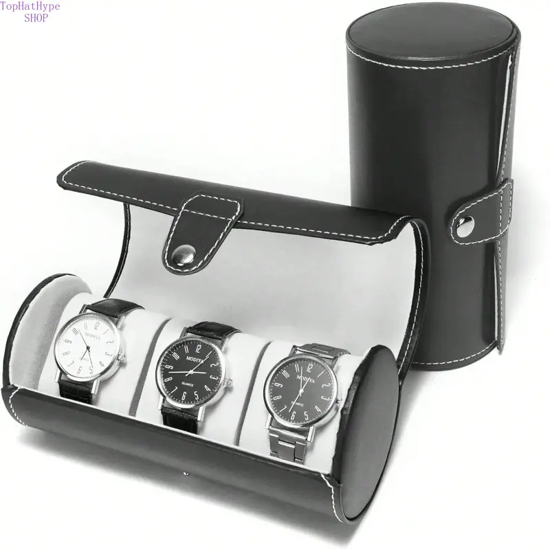 Unisex Plain Black Faux Leather 3-Slot Watch Box - 3-Slot Capacity Watchbox, Secure Plastic Shell, Soft Cushioning Pillows, Heavy-Duty Protection, Sturdy Holder for Fashion Enthusiasts' Daily Use & Travel