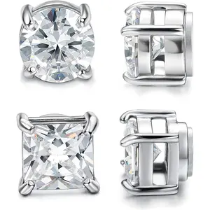 FLORIDECO 2 Pairs Stainless Steel Stylish Non-Piercing Magnetic Stud Earrings Hypoallergenic CZ Men and Women 5-8MM Sizes Jewellery