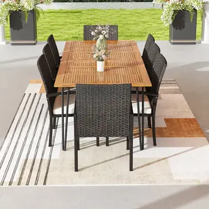 COSTWAY - 9 Pieces Outdoor Patio Dining Set with Soft Cushions and Acacia Wood Square Table