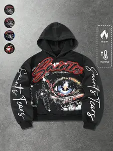 Dark Trendy Saint Tear Eye Fleece Hoodie, Winter Warm Streetwear, Graphic Long Sleeve, Casual Fit, Fall & Winter Fashion, Fitted