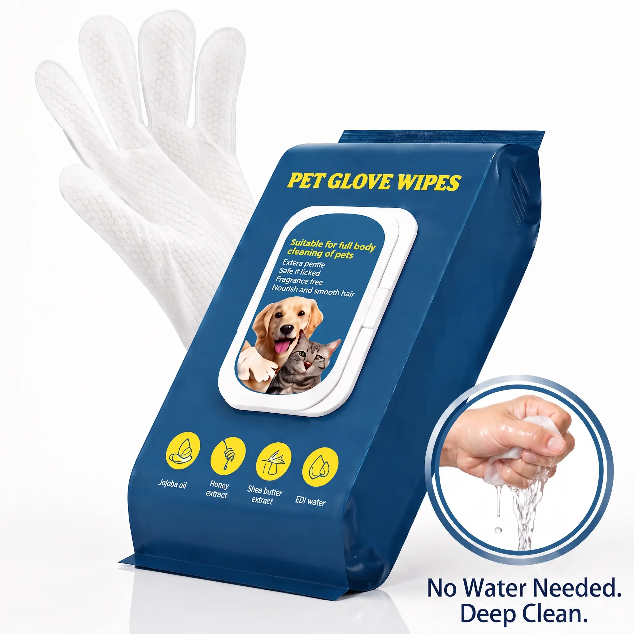 3-in-1 Pet Cleaning Glove Wipes for Dogs & Cats (20PCS) - Hypoallergenic Unscented No-Rinse Puppy Wipes with Jojoba Oil & Chlorhexidine, Cleaning Deodorizing Moisturizing for Sensitive Skin Fur Paws Ears Eyes Full Body Grooming Hair Removal Tool, Puppy Wi